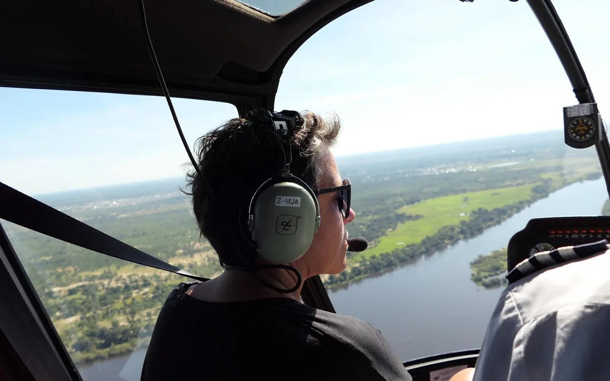 The cabin of a sightseeing helicopter over Victoria Falls