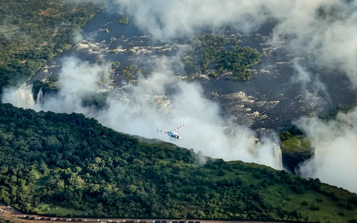 The full curtain of Victoria Falls from the air